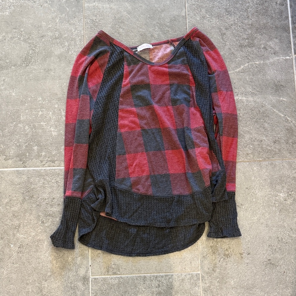 Pink Lily Red and Black Plaid Long Sleeve Top